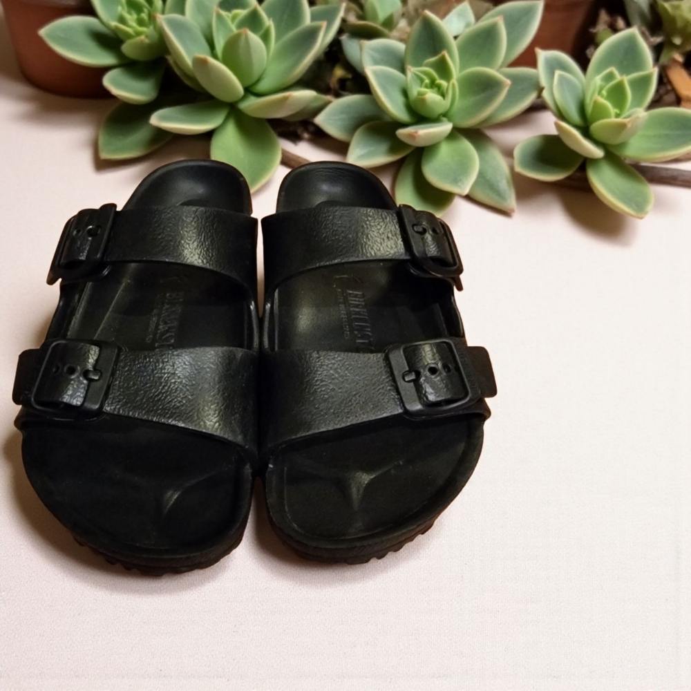 Birkenstock Boys Flat Arizona Double Strap Rubber Slides Black Sz 31/13-13.5